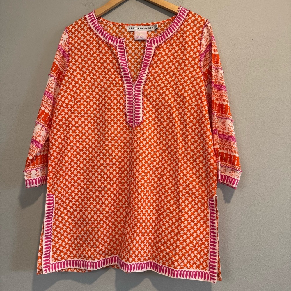 Gretchen Scott Tunic Top 3/4 Sleeves Cotton Beach Coastal Colorful Boho XL